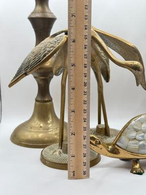 LOT 52K: Vintage Brass Collection: SK Brass World Candlestick Holders made in India, Mother of Pearl Turtle made in India & Pair of...
