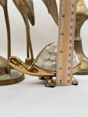 LOT 52K: Vintage Brass Collection: SK Brass World Candlestick Holders made in India, Mother of Pearl Turtle made in India & Pair of...