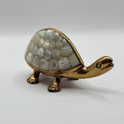 LOT 52K: Vintage Brass Collection: SK Brass World Candlestick Holders made in India, Mother of Pearl Turtle made in India & Pair of...