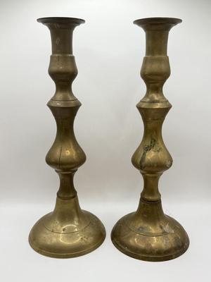 LOT 52K: Vintage Brass Collection: SK Brass World Candlestick Holders made in India, Mother of Pearl Turtle made in India & Pair of...
