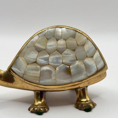 LOT 52K: Vintage Brass Collection: SK Brass World Candlestick Holders made in India, Mother of Pearl Turtle made in India & Pair of...