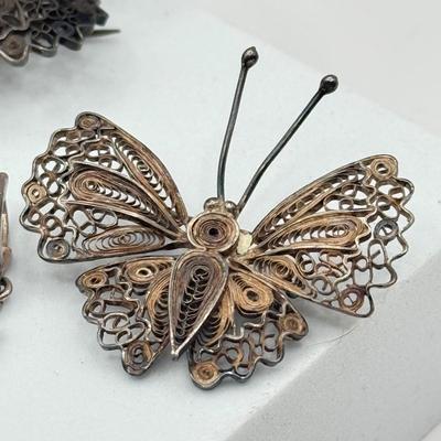 LOT 58J: 925 Sterling Silver Jewelry: Beautiful Vintage Swirled Butterfly Pins, Marsala Dragonfly Necklace, Pierced Drop Earrings &...