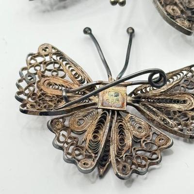 LOT 58J: 925 Sterling Silver Jewelry: Beautiful Vintage Swirled Butterfly Pins, Marsala Dragonfly Necklace, Pierced Drop Earrings &...