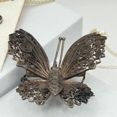 LOT 58J: 925 Sterling Silver Jewelry: Beautiful Vintage Swirled Butterfly Pins, Marsala Dragonfly Necklace, Pierced Drop Earrings &...