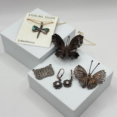 LOT 58J: 925 Sterling Silver Jewelry: Beautiful Vintage Swirled Butterfly Pins, Marsala Dragonfly Necklace, Pierced Drop Earrings &...