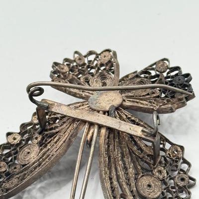 LOT 58J: 925 Sterling Silver Jewelry: Beautiful Vintage Swirled Butterfly Pins, Marsala Dragonfly Necklace, Pierced Drop Earrings &...