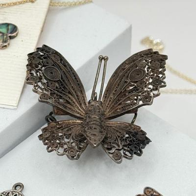 LOT 58J: 925 Sterling Silver Jewelry: Beautiful Vintage Swirled Butterfly Pins, Marsala Dragonfly Necklace, Pierced Drop Earrings &...