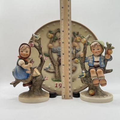 LOT 60K: Vintage Goebel M.I. Hummel Collection: Apple Girl and Apple Boy Figurines w/ 1977 Apple Boy Decorative Plate