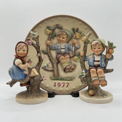 LOT 60K: Vintage Goebel M.I. Hummel Collection: Apple Girl and Apple Boy Figurines w/ 1977 Apple Boy Decorative Plate