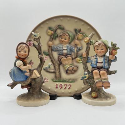 LOT 60K: Vintage Goebel M.I. Hummel Collection: Apple Girl and Apple Boy Figurines w/ 1977 Apple Boy Decorative Plate