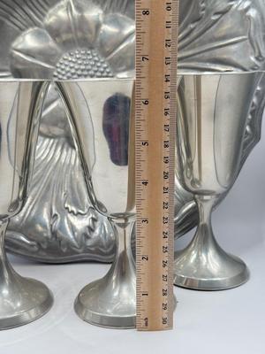 LOT 61K: Pewter Collection: Four Stiffel Goblets & RWP The Wilton Co Large Flower Bowl