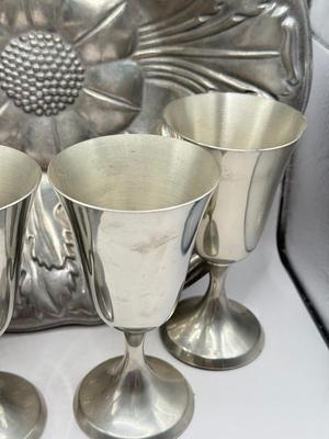 LOT 61K: Pewter Collection: Four Stiffel Goblets & RWP The Wilton Co Large Flower Bowl