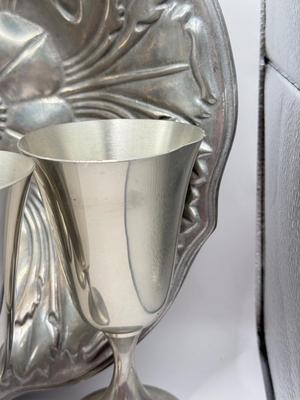 LOT 61K: Pewter Collection: Four Stiffel Goblets & RWP The Wilton Co Large Flower Bowl