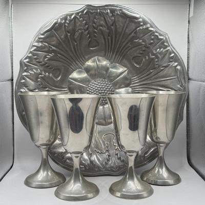 LOT 61K: Pewter Collection: Four Stiffel Goblets & RWP The Wilton Co Large Flower Bowl