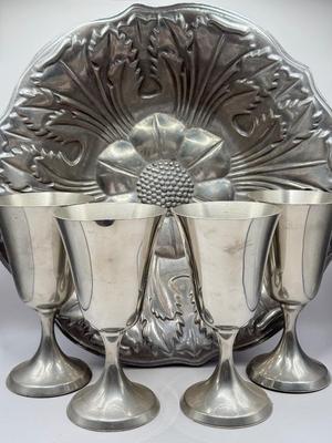 LOT 61K: Pewter Collection: Four Stiffel Goblets & RWP The Wilton Co Large Flower Bowl