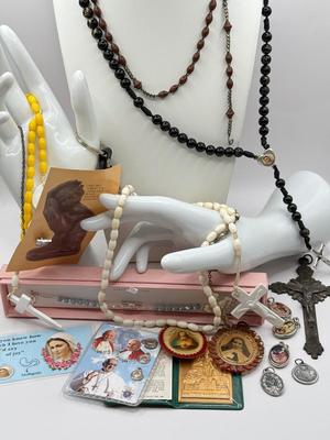 LOT 62J: 925 Italy Sterling Silver Mary Bracelet & Collection of Religious Charms, Rosaries & More