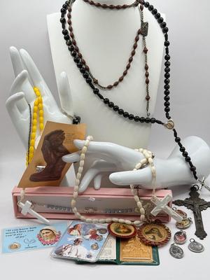 LOT 62J: 925 Italy Sterling Silver Mary Bracelet & Collection of Religious Charms, Rosaries & More