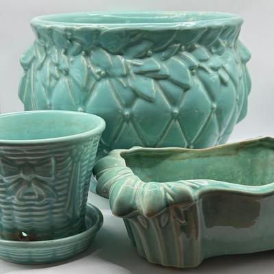 LOT 63K: Vintage Teal Pottery Planters made in USA: McCoy & More