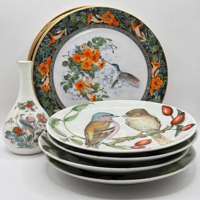 LOT 64K: Bird Themed China: Wedgwood Kutani Crane Bud Vase, Royal Doulton Theresa Politowicz Hummingbird Heirloom Plates & Vintage...