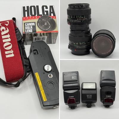LOT 65K: Vintage & Modern Canon Collection: 24mm f/2.8 Lens, 50mm f/1.4 Lens, 35mm f/2.8 Lens, Power Winder A2, Speedlite Flashes:...