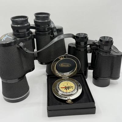 LOT 66K: For the Explorers! Dalvey Scotland Classic Oakleaf Compass w/ Box & Pair of Binoculars: Tasco & Sportiere