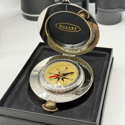 LOT 66K: For the Explorers! Dalvey Scotland Classic Oakleaf Compass w/ Box & Pair of Binoculars: Tasco & Sportiere