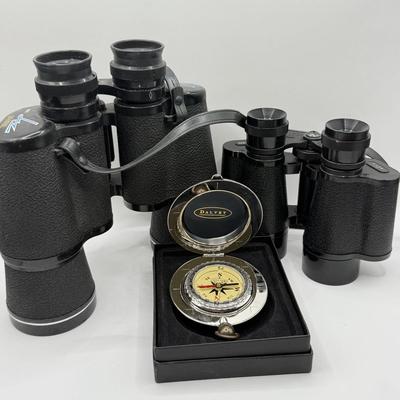 LOT 66K: For the Explorers! Dalvey Scotland Classic Oakleaf Compass w/ Box & Pair of Binoculars: Tasco & Sportiere