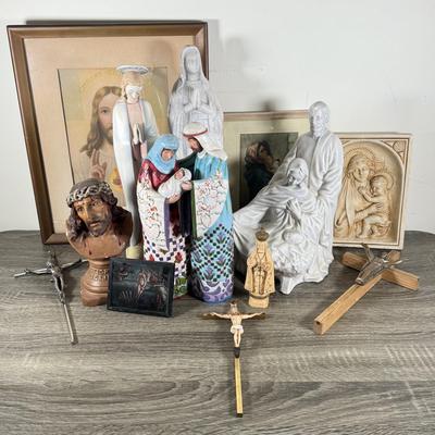 LOT 67K: Collection of Religious Statues & Framed Prints: Goebel, Jim Shore, Marble & More