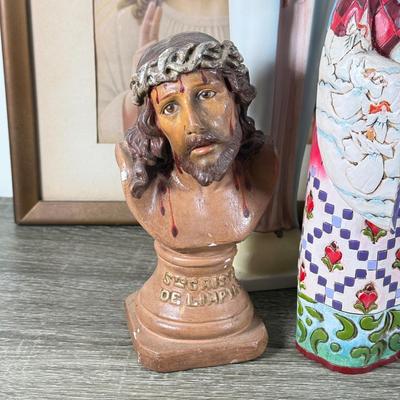 LOT 67K: Collection of Religious Statues & Framed Prints: Goebel, Jim Shore, Marble & More