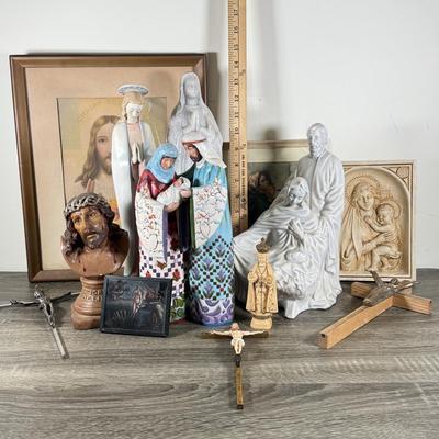 LOT 67K: Collection of Religious Statues & Framed Prints: Goebel, Jim Shore, Marble & More
