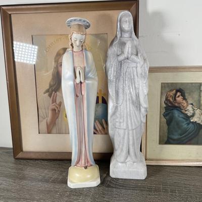 LOT 67K: Collection of Religious Statues & Framed Prints: Goebel, Jim Shore, Marble & More
