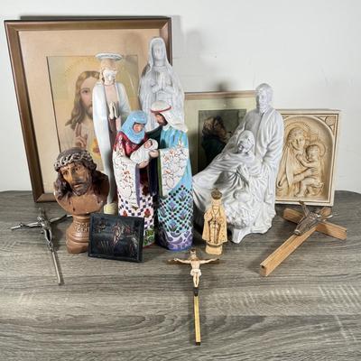 LOT 67K: Collection of Religious Statues & Framed Prints: Goebel, Jim Shore, Marble & More