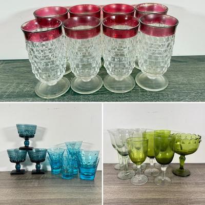 LOT 71D: Collection of Vintage Colored Glass: Green, Blue & Red Cut Clear