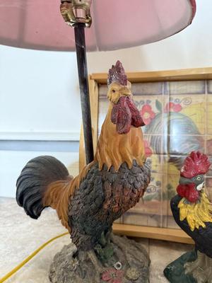 LOT 72K: Rooster Collection: 2003 Lamp, Table, Stained Glass, Mosaic Tray & Cast Iron Door Stop