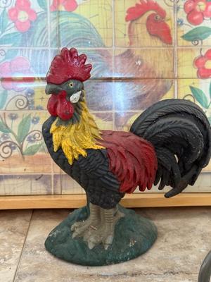 LOT 72K: Rooster Collection: 2003 Lamp, Table, Stained Glass, Mosaic Tray & Cast Iron Door Stop