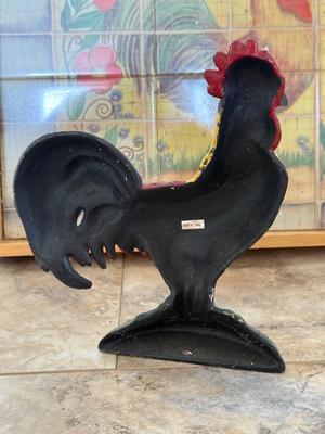 LOT 72K: Rooster Collection: 2003 Lamp, Table, Stained Glass, Mosaic Tray & Cast Iron Door Stop