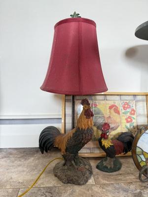 LOT 72K: Rooster Collection: 2003 Lamp, Table, Stained Glass, Mosaic Tray & Cast Iron Door Stop