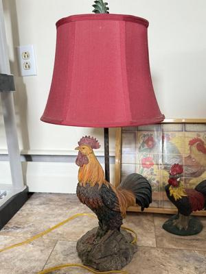 LOT 72K: Rooster Collection: 2003 Lamp, Table, Stained Glass, Mosaic Tray & Cast Iron Door Stop