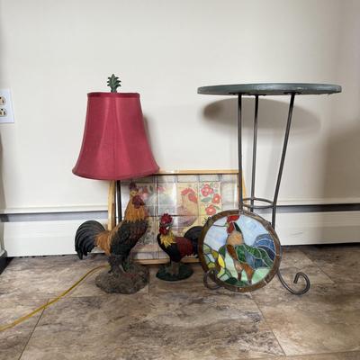 LOT 72K: Rooster Collection: 2003 Lamp, Table, Stained Glass, Mosaic Tray & Cast Iron Door Stop