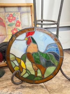 LOT 72K: Rooster Collection: 2003 Lamp, Table, Stained Glass, Mosaic Tray & Cast Iron Door Stop