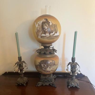 LOT 81D: Antique Hand-Painted Lion-Themed Gone With the Wind Lamp and Candle Holders