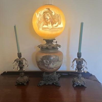 LOT 81D: Antique Hand-Painted Lion-Themed Gone With the Wind Lamp and Candle Holders