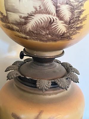 LOT 81D: Antique Hand-Painted Lion-Themed Gone With the Wind Lamp and Candle Holders
