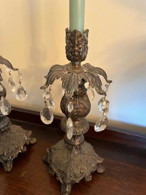 LOT 81D: Antique Hand-Painted Lion-Themed Gone With the Wind Lamp and Candle Holders