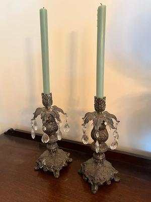LOT 81D: Antique Hand-Painted Lion-Themed Gone With the Wind Lamp and Candle Holders