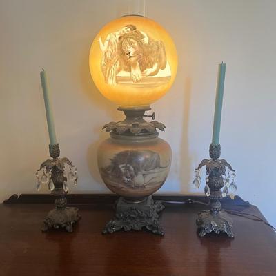 LOT 81D: Antique Hand-Painted Lion-Themed Gone With the Wind Lamp and Candle Holders