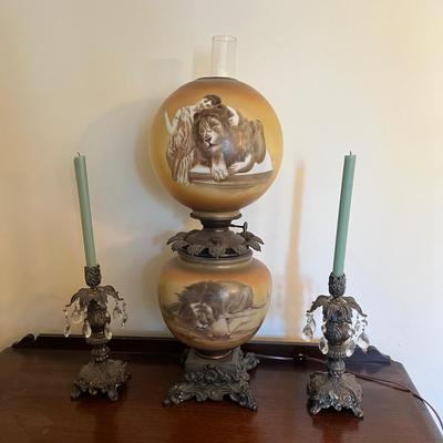 LOT 81D: Antique Hand-Painted Lion-Themed Gone With the Wind Lamp and Candle Holders