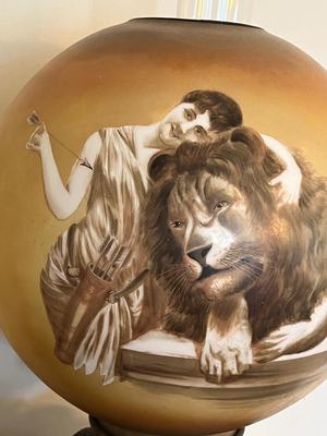 LOT 81D: Antique Hand-Painted Lion-Themed Gone With the Wind Lamp and Candle Holders