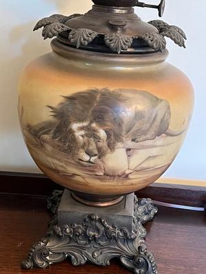 LOT 81D: Antique Hand-Painted Lion-Themed Gone With the Wind Lamp and Candle Holders