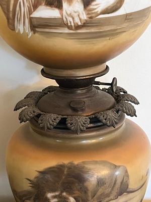 LOT 81D: Antique Hand-Painted Lion-Themed Gone With the Wind Lamp and Candle Holders